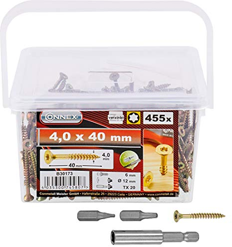 Connex Universalschrauben 4,0 x 40 mm - 455 Stück im Set - Senkkopf - TX-Antrieb - Teilgewinde - Gelb verzinkt - Inkl. Magnethalter & 2 Bits / Schrauben-Set / Schrauben-Eimer / B30173