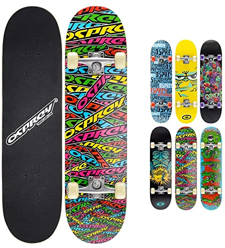 Osprey Skateboard Double Kick 31 pollici per principianti e aspiranti skater – Tavola in legno d’acero- Adatto per bambini e ragazzi fino a 50 kg – Disponibile in disegni e colori diversi