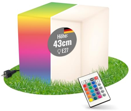8 seasons design LED Würfel 43 cm, Shining Cube (Weiß) E27-Fassung, RGB Farbwechsel, dimmbar, mit Fernbedienung – Leuchtwürfel für außen (Garten, Terrasse, Balkon) und innen - Beistelltisch, Hocker