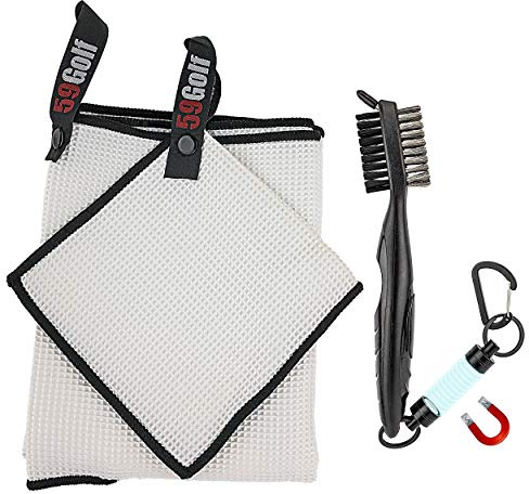 59Golf Reinigungssatz: Golf Schlägerbürste + Golfschläger Handtuch + Golfball Handtuch + Magnetclip (Weiße Handtücher)