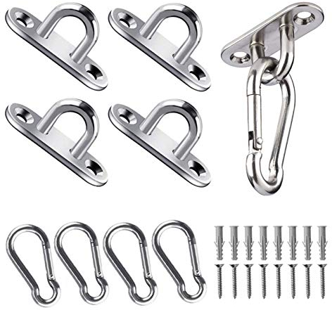 Huker 4 Stück Edelstahl Augplatte und Edelstahl Karabiner, 5mm Edelstahl Decksplatte, Augplatten für Sonnensegel, Wand-Befestigung, Decken-Befestigung, Wand-Haken, Hängesessel, Bootszubehör