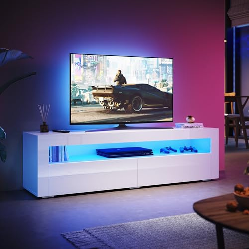 SUNXURY TV Lowboard Board Schrank Weiss Hochglanz mit LED Beleuchtung Schubladen Holz 155 x 40 x 45 cm lang