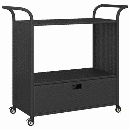 vidaXL Carrito de Bar con Cajón Carro Servicio Cocina Jardín Patio Terraza Balcón Rodante Almacenaje Comida Bebida Ratán Sintético Negro 100x45x97 cm
