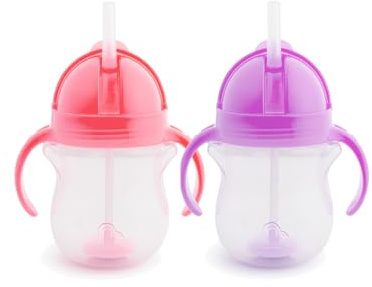 Munchkin Click Lock Tip & Sip Straw Cup Set| Baby & Toddler Sippy Cups with Straw| BPA Free Non Spill Cup| Dishwasher Safe Baby Straw Cup| Weighted Straw Childrens Cups| 7oz/207ml| 2 Pack| Pink/Purple