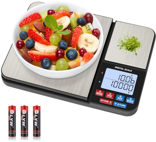 Diyife Küchenwaage mit 2 Plattformen 10kg/1g & 500g/0.01g, Doppelfunktion Digitale Küchen Feinwaage mit 7 Einheiten, Tara, PCS, Auto-Off, für Küche, Schmuck, Backen, Kochen, Inklusive Batterien