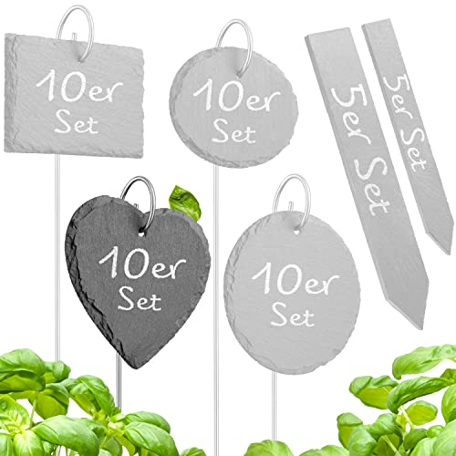 Tiny Garden Pflanzenschilder für draußen wetterfest aus Schiefer - Pflanzenstecker zum beschriften, Kräuterschilder, Blumenschilder, Pflanzenschilder - 10er Set Herzförmig
