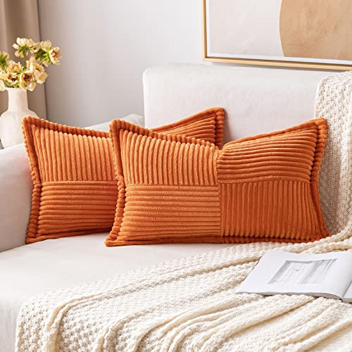 MIULEE 2er Set Kissenbezug 40×60cm Kordsamt Biese Patchwork Orange | Mit Biese und Patchwork Design formstabil farbtreu mit Reißverschluss dekorativ für Sofa Bett Gästezimmer Büro und Terrasse