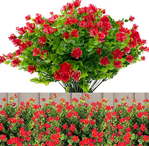 Razatik Flores artificiales, 12 paquetes, arbustos, flores, plantas, plástico, ramo de flores artificiales, acianos, para interiores, exteriores, jardín, ventana, boda, fiesta, decoración (rojo)