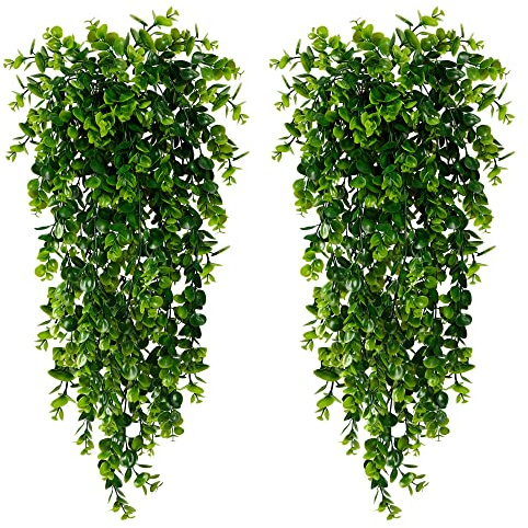 Sggvecsy 4 Pack Artificial Hanging Plants Fake Hanging Plant Faux Hanging Eucalyptus Plants UV Resistant Plastic Plants for Indoor Outdoor Room Wall Wedding Patio Porch Decor