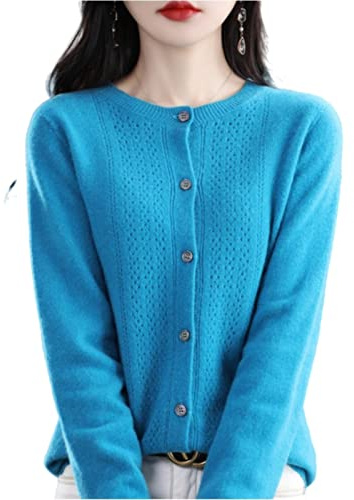 MOGSA Chaqueta de punto suéter de primavera y otoño chaqueta de lana ahuecada para mujer con cuello en O superior suéter de cachemira de punto sin costuras camisa de fondo torre exterior, Azul océano