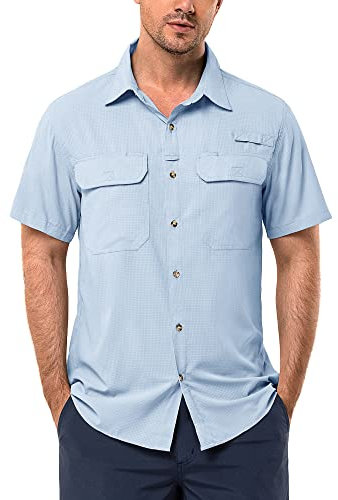 33,000ft Men's UPF 50+ UV Protection Short Sleeved Shirts Quick Dry Button Down Shirts Cooling Hiking Shirt for Travel Safari Fishing Light Blue L