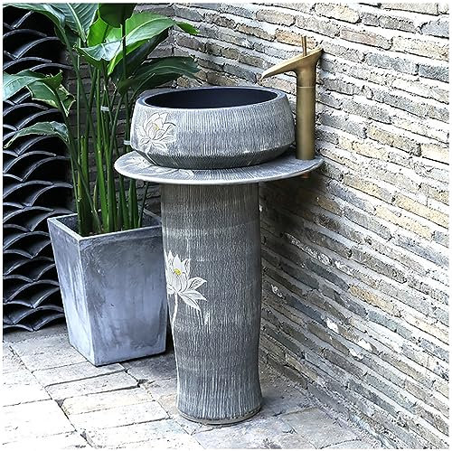 ZTGL Standwaschbecken Retro aus Keramik Waschbecken Standwaschtisch Waschtisch Waschplatz Waschbecken Rund Mit Wasserhahn Und Abflussgarnitur,Without Mirror