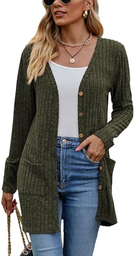 Famulily Women's Cardigans Long Sleeve Open Front Button Down V Neck Oversized Loose Fitted Swearter Coat (S, Army Green)