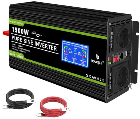 novopal 1500W 3000W Convertisseur Pur Sinus 24V 220V 230V Onduleur Transformateur avec écran LCD,2 Prises EU AC,1USB,5M Télécommande,Convient pour Camion, Camping, Voyage,Voitures