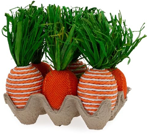 Boston International Easter Spring Fabric Carrot Bundles Tabletop, Shelf, Mantel Decorations for Home, 5.5, Striped & Orange Burlap Carrots in Egg Carton