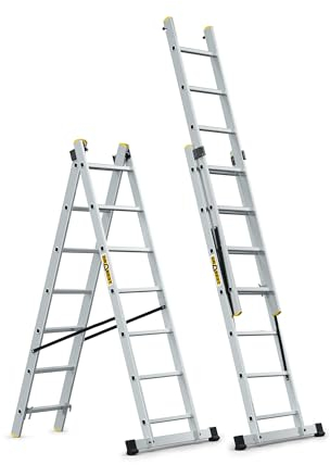 DRABEST Escalera de Aluminio Pro - Resistente y Duradera - Ganchos galvanizados - Norma EN-131 - Diseño ergonómico - 2 Elementos - 2x7 peldaños 150 kg de Capacidad de Carga - 46x300x10,5 cm