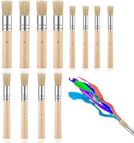 Pinsel Rund, 12 Stück Schablonierpinsel Set Borstenpinsel StupfPinsel Naturborsten Pinsel 3 Größen Malpinsel Künstlerpinsel für Acrylmalerei Ölgemälde DIY Crafts
