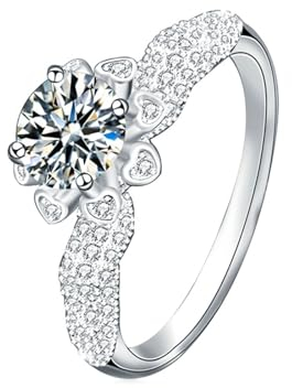 Gualiy 14 Karat Weißgold Ring, Hochzeitsringe Damen Blume Ring mit Rund Labor Diamant 1ct Ring Größe 47