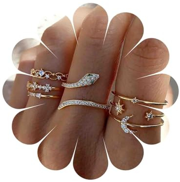 Cybche Boho Stacking Crystal Rings Set Crystal Star Moon Finger Rings Gold Knuckle Rings Vintage Midi Finger Stackable Ring CZ Snake Finger Rings Shiny Rhinestone Rings Jewelry for Women and Girls