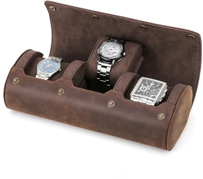 CONTACT'S FAMILY Watch Storage Box, Genuine Leather 3 Slot Watch Protective Roll Case, Watch Gift Box, Watch Organizer for Man and Women (3 Slots, Coffee)