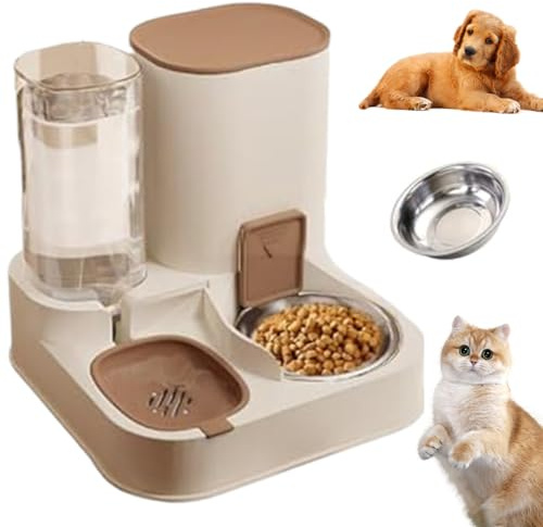 Automatische Katzenfutterautomaten 2 in 1 Edelstahl- und PP -Katze -Feeder- und Wasserspender Abnehmbarer Katzenfutterspender für kleine Hunde und Katzen braune, automatische Futtermittel
