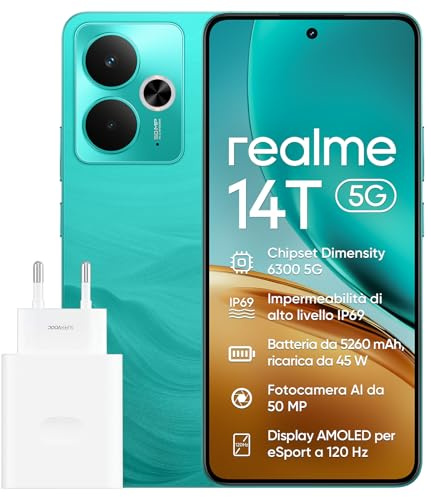 realme 14T 5G, Smartphone de 8+ 256 GB, Dual SIM, Chipset 5G Dimensity 6300, Batería de 5260 mAh, Pantalla AMOLED para Esports de 6,67 y 120 Hz, IP69, NFC, Surf Green (Adaptador de 45 W Incluido)