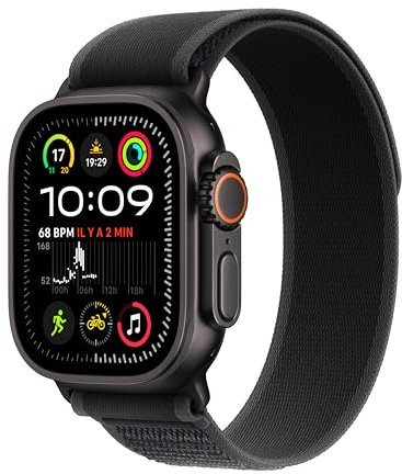 Apple Watch Ultra 2 (49 mm GPS + Cellular) Montre de Sport connectée avec Boîtier en Titane Noir et Boucle Trail Noir (S/M). Suivi de l’activité, GPS Haute précision, Neutre en Carbone