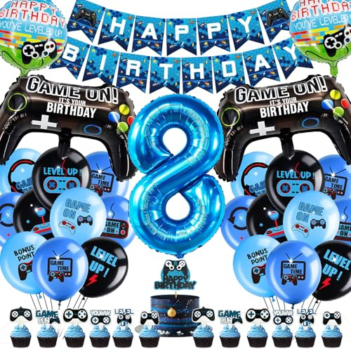 Hierein Geburtstagsdeko 8 Jahre Jungen, XXL Gamer Ballons Kindergeburtstag Deko mit Tortendeko Banner, 37 Stück Gaming Controller Luftballons Deko Geburtstag für 8 Jahre Junge Kinder