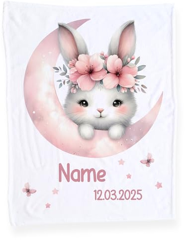 GRAZDesign Babydecke mit Namen und Datum, Weiche Kuscheldecke Hase, Schmusedecke zur Geburt als Geschenk für Mädchen