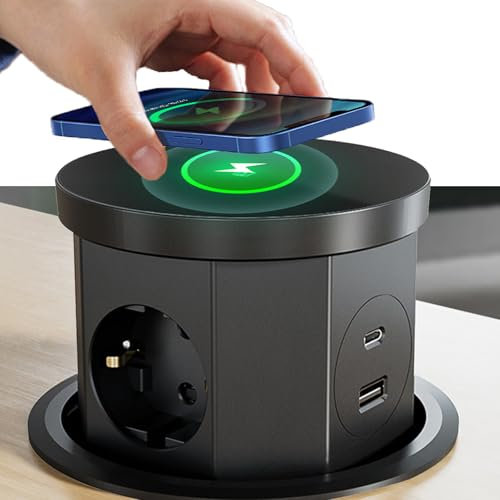 DewinLVD Presa Telescopica,PPresa a Scomparsa 3 Scomparti con 1 USB C 1 USB-A 2500W 16A Cavo Da 1,5M, Ciabatta Per Caricabatterie Wireless Da 15W, Adatta Per Piani Di Lavoro, Cucine, Uffici