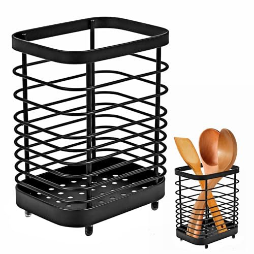 Cesta para Cubiertos, Soporte Utensilios Cocina, Cesta para Cubiertos de Acero Inoxidable, Soporte para Utensilios de Cocina de Metal, Porta Utensilios Cocina Cuadrado con Orificios de Drenaje Negro