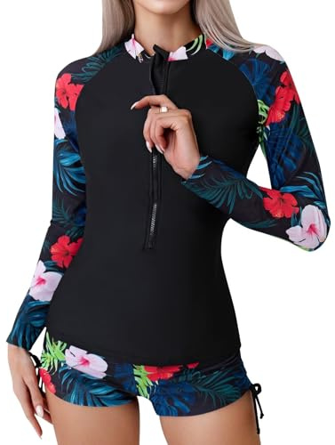 TERODACO Women Rash Vest Half Zip Swimming Costume 978 Black Red Flower M