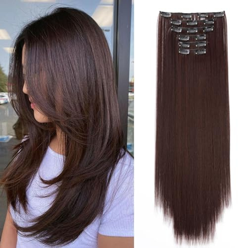 Cybelleza Clip in Extensions Haarverlängerung Glatt Lang 65cm 6 Teile | Hair Extensions Clip in Haarteil Kunsthaare Synthetische Haarextension Haarverdichtung, Dunkelbraun mix Kastanienbraun