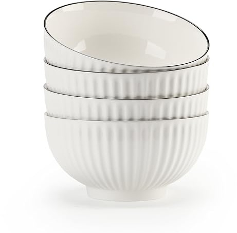 TuYines Juego de 4 cuencos para cereales, cuencos de postre de cerámica, cuenco de desayuno, cuenco blanco de cerámica de 700 ml, cuencos ideales para helados, sopas, pastas, ensaladas, fideos, 15 x 8