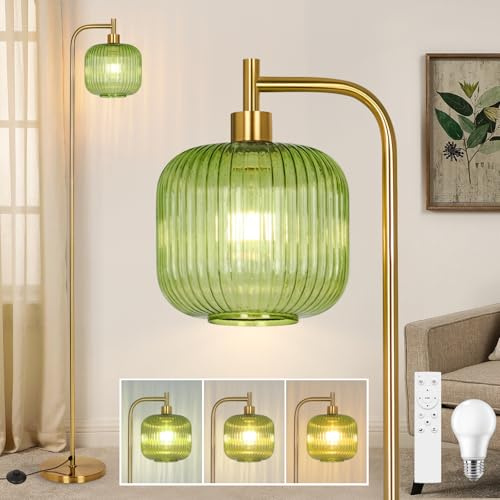 Vloitgol Retro LED Stehlampe Dimmbar, 160cm Vintage Stehlampe Wohnzimmer Mit Grünem Glaslampenschirm, Fußschalter, Fernbedienung, 2700K-6500K, Moderne Stehlampen für Wohnzimmer Schlafzimmer Büro