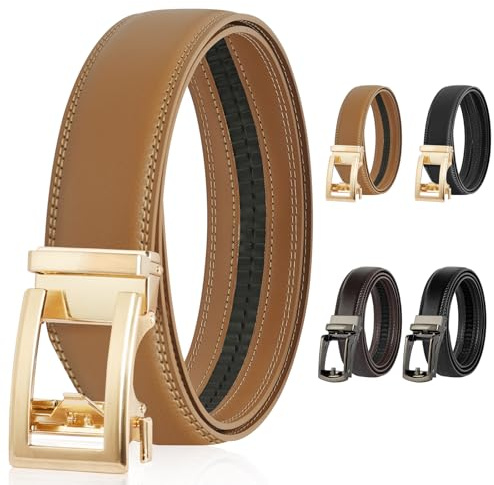 DiULi Gürtel Damen, Automatischer Ledergürtel Verstellbarer, Gürtel Ohne Löcher mit Ratsche, 3.5cm Ledergürtel Automatikschließe für Jeans Hosen Kleider, Khaki, 115cm