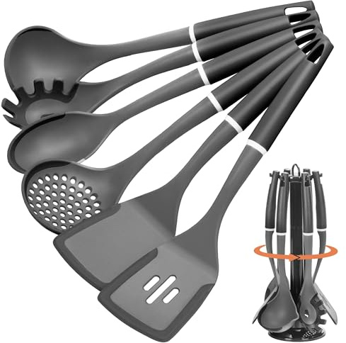Kitchen Cooking Utensils Set, Non-Stick Spatula Set with Rotating Stand, 6 PCS Silicone Utensils Set for Cooking, 400°F Heat Resistant, Kitchen Gadgets with Nylon Handle & Stable Holder, Dark Grey
