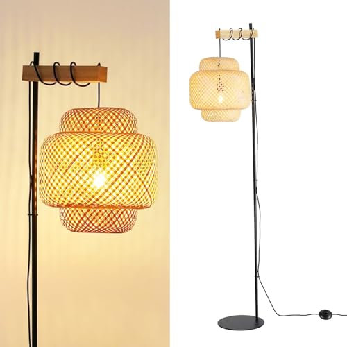 Alpinaluz Lámpara de Pie Negra – Pantalla de Mimbre Suspendida Hecha a Mano, Detalle en Madera Natural, Altura Regulable por Cable, Casquillo E27, Interruptor de Pie y Base Fina