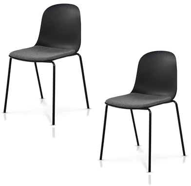 KHG 2er-Set Esszimmerstühle Küchenstuhl stapelbar, 120 kg, bis 120, schwarz | Kunststoff Sitzschale mit Polsterung & Flachgewebe, Metallgestell Ton in Ton, minimalistisches Design, für den Alltag