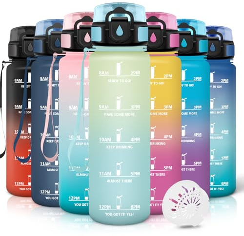 Motswedi Borraccia 1 litro,Riutilizzabile, Borraccia Motivazionale, a Prova di Perdite, Bottiglia Acqua, Senza BPA, Borracce, per Sport, Ciclismo, Palestra, Ufficio, Running, Bianco Sporco Azzurro