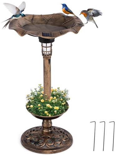GYMAX Vogeltränke stehend, Vogelbecken mit Solarleuchte, Vogelbad Garten stehend mit Blumenkübel & befüllbarem Ständer, Vogelfutterstelle, Futterstation für Balkon & Garten, Nr. 2 Antikbronze