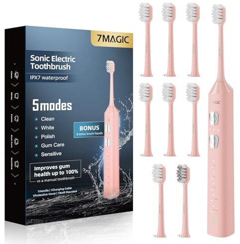 7MAGIC Sonic Electric Toothbrush, 180-Day Runtime, 42000 VPM, 8 Heads, Pink