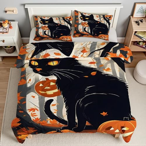 Piumino Singolo Gatto Nero Trapunte Foglie D'Acero Piumone Imbottito Resistente Lavabile, Super Morbida Trapunta, piumini 160x245 cm in Microfibra Reversibile e 2 Federa 50x80 cmT387