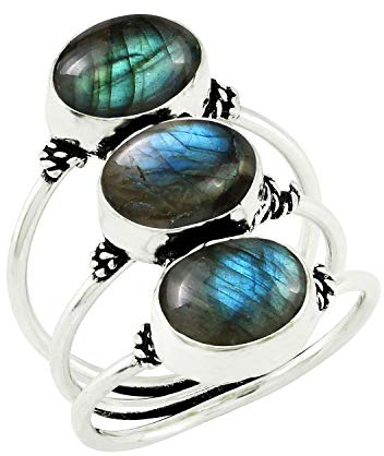 Anillos de triple banda de piedra lunar natural, labradorita, turquesa, amatista, forma ovalada, tres piedras preciosas, para mujer, joyería hecha a mano, estilo vintage, anillo llamativo, regalo para