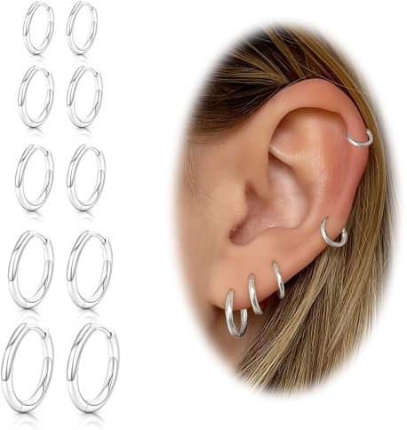 5 Paar Ohrringe Silber 925 Damen Herren Klein Creolen Set Hypoallergen Medizinische Licht Chirurgenstahl Creolen Ohrringe für Conch Helix Piercings Ohr Frauen Männer Schmuck 6/7/8/10/12MM