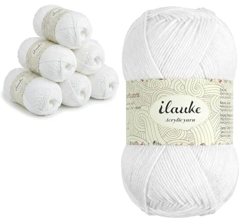 ilauke White Yarn for Crochet, 300g(6×50g) Soft Acrylic Yarn | Breathable Knitting Yarns for Blankets, Clothes, Amigurumi & DIY Crafts Granny Squares, 3D Crochet Patterns