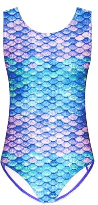 Arshiner Costume da Bagno Intero Bambina Sirena Squame di Pesce Blu Verde Schiena Aperta Rotonda Costume Mare Piscina Nuoto Estate 10-11 Anni