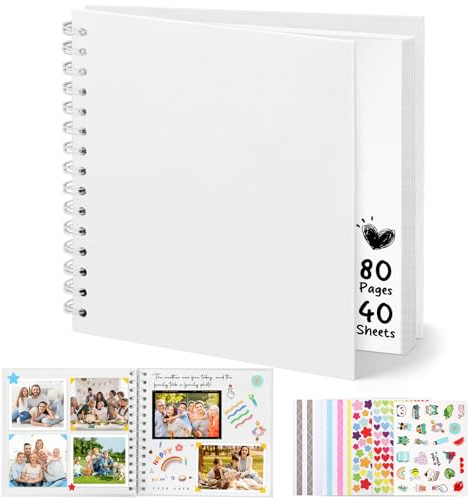 DazSpirit 10-Zoll Fotoalbum zum Selbstgestalten, 80 Seiten, Weiß | Quadratisches Hardcover-Scrapbook mit 5 Aufklebern, Fotobuch zum Einkleben, Gästebuch für Hochzeit, Geburtstag & Baby