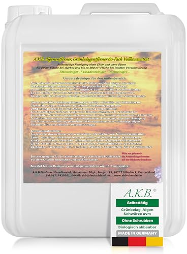 A.K.B. Grünbelagentferner & Algenentferner Hochkonzentrat 5 Liter [60-fach verdünnbar] Steinreiniger Außen, Terrassenreiniger, Fassadenreiniger & Dachreiniger - Chlorfrei