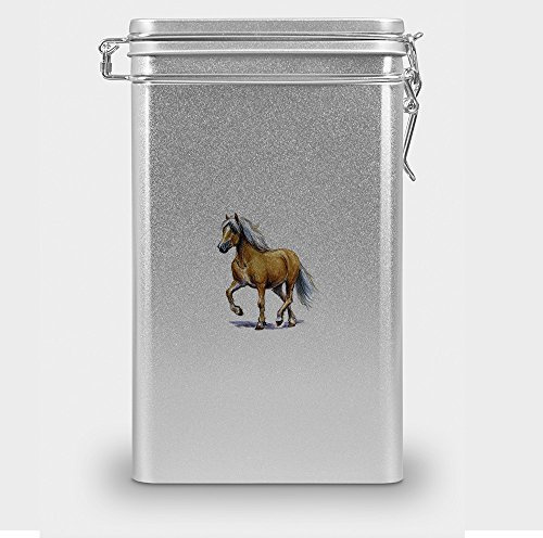 Pferdefutterdose Haflinger, Vorratsdose, Leckerliedose, Blech-Dose, Pferdenapf mit Motiv Haflinger - silber